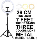 Ring Light with Tripod Stand26cm LED Ring Light with Tripod & Mobile Holder – 3 Colors Dimmable USB